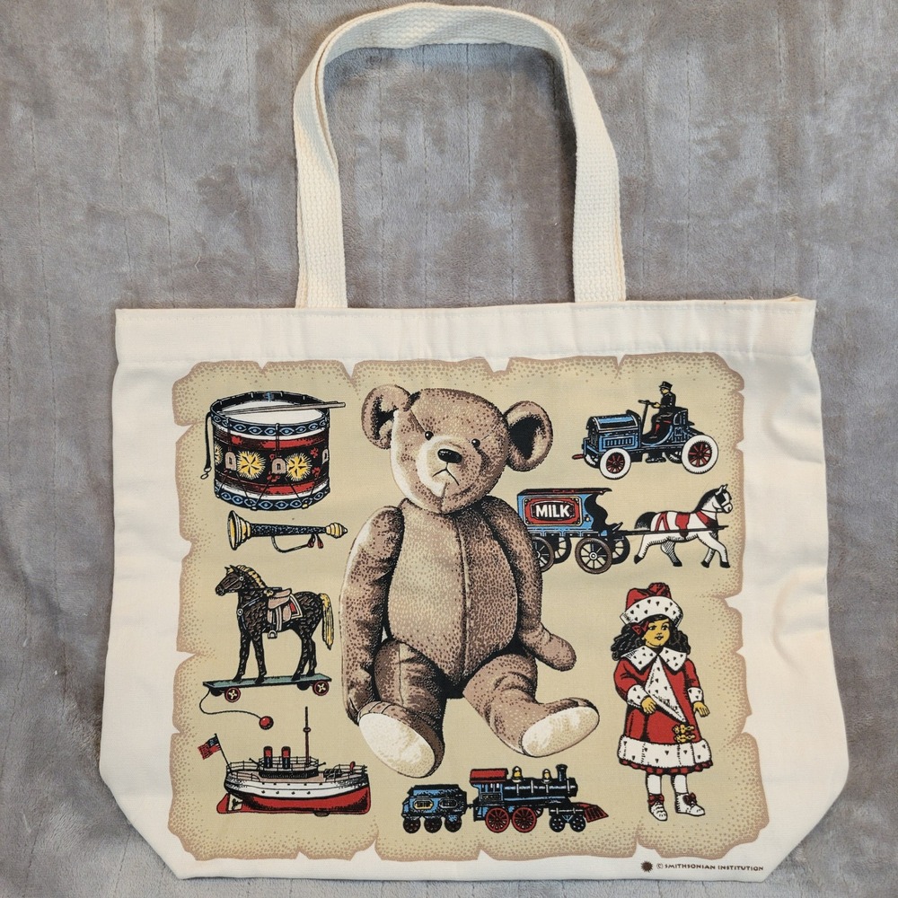Vintage Smithsonian Institution Tote Book Bag Large Cream Toys Teddy Bear 90s
